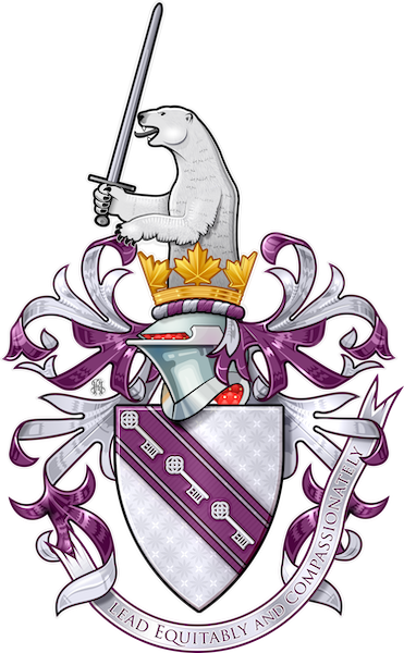 Argent, on a bend cotticed purpure, three keys bendwise, wards to sinister and downwards of the field.